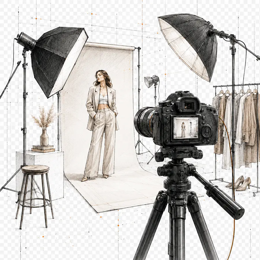 Reklamn&iacute; focen&iacute; ve studiu se světly, fotoapar&aacute;tem a sc&eacute;nou