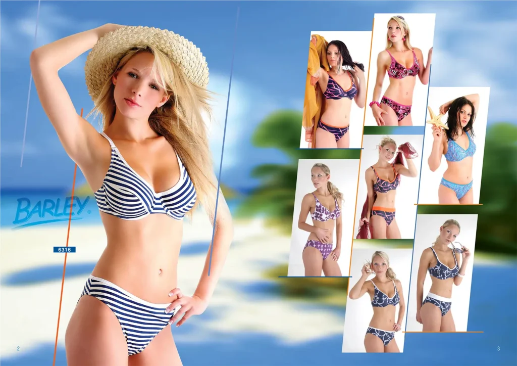 Katalogová dvoustrana plavek Barley pro sezonu 2010 s pruhovanými bikinami a přehledem dalších modelů