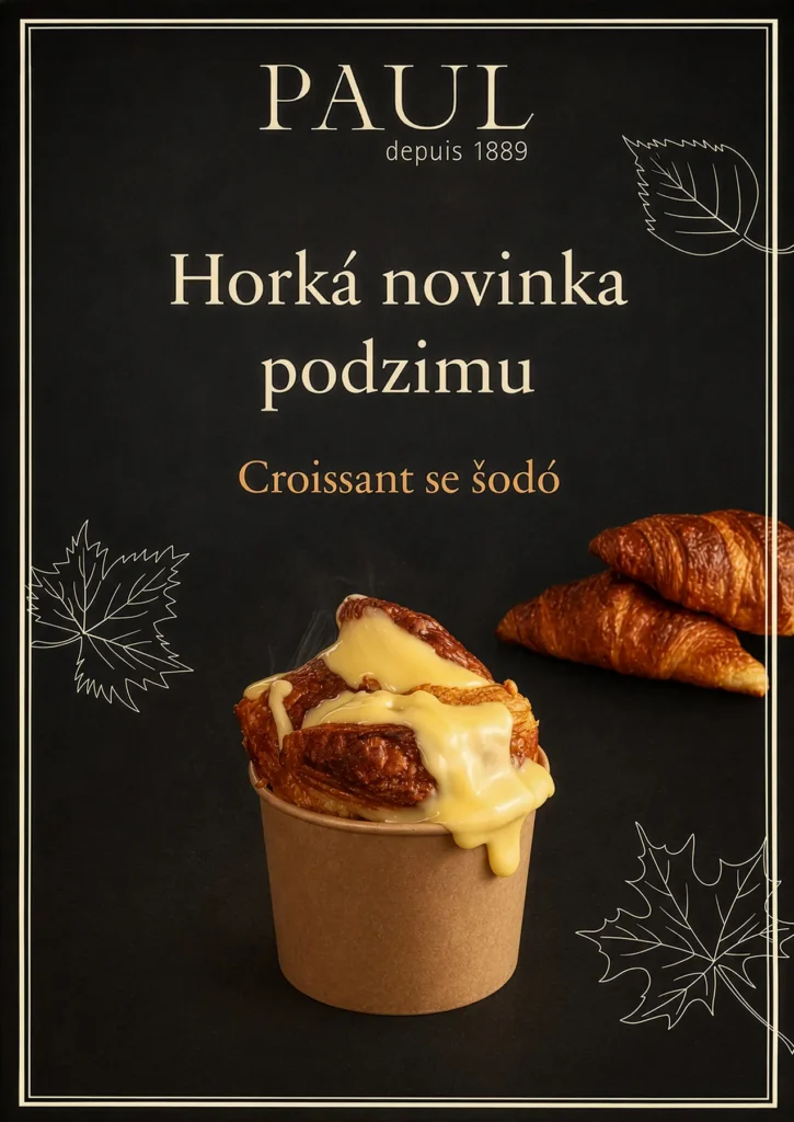 Croissant se &scaron;od&oacute; v kel&iacute;mku na podzimn&iacute;m reklamn&iacute;m plak&aacute;tu