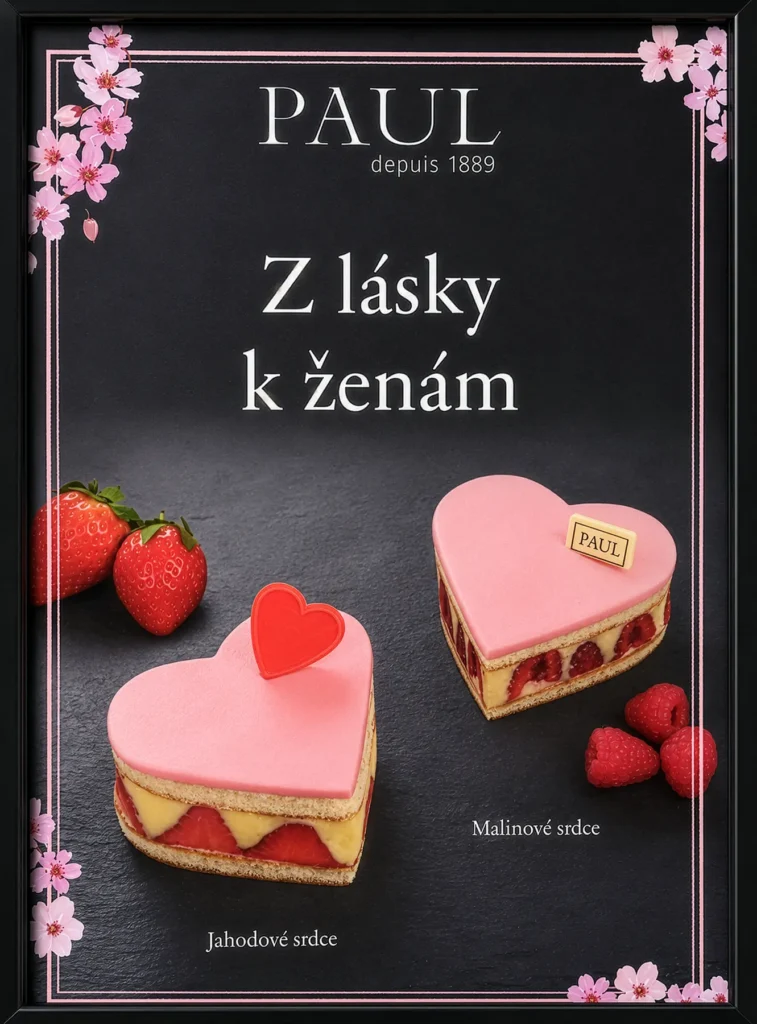Jahodov&yacute; a malinov&yacute; dezert ve tvaru srdce na valent&yacute;nsk&eacute;m reklamn&iacute;m plak&aacute;tu