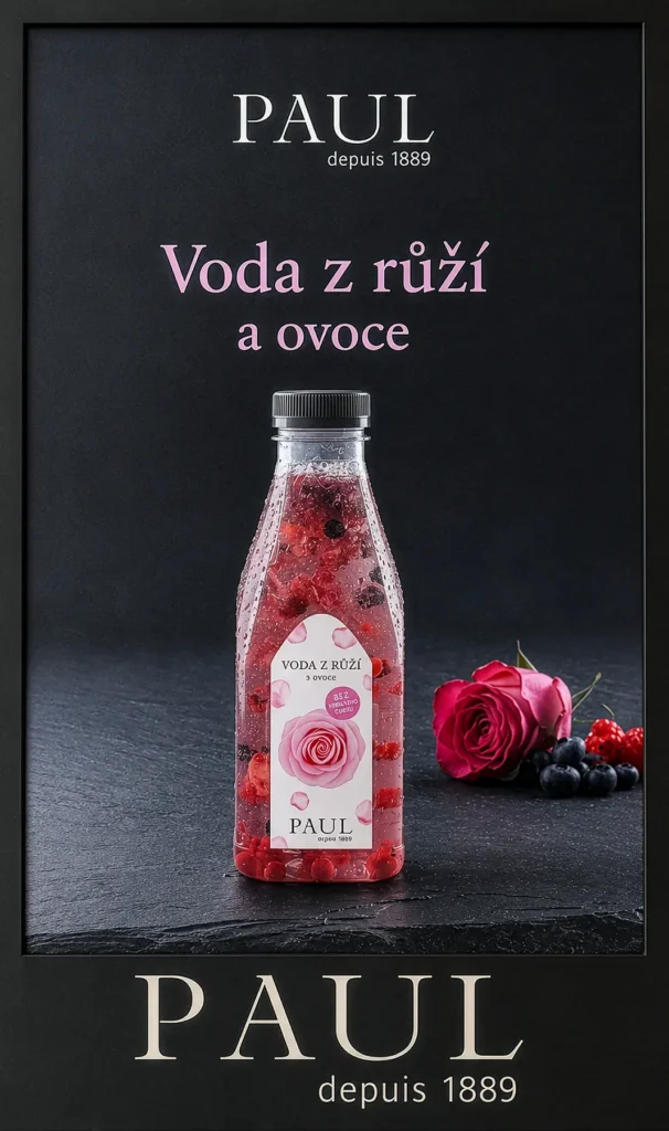 N&aacute;poj Voda z růž&iacute; s ovocem na reklamn&iacute;m plak&aacute;tu do provozovny