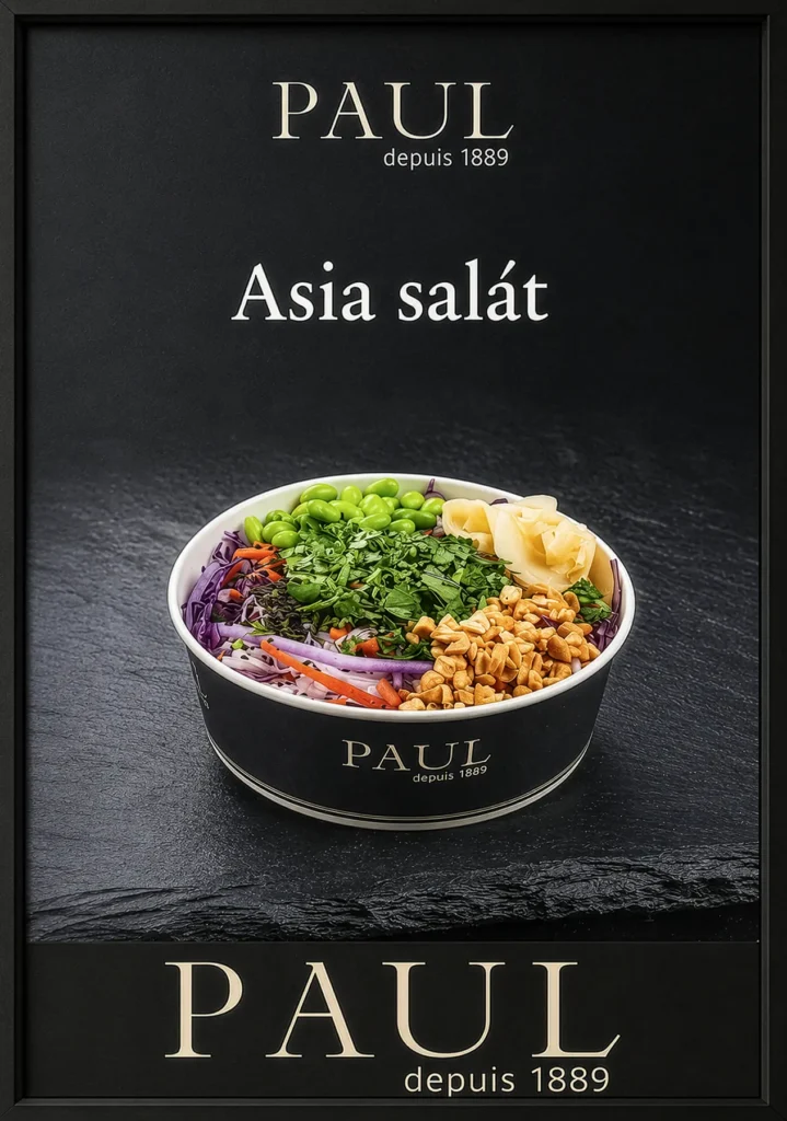 Asijsk&yacute; sal&aacute;t s edamame, zeleninou, bylinkami a ara&scaron;&iacute;dy na POS plak&aacute;tu