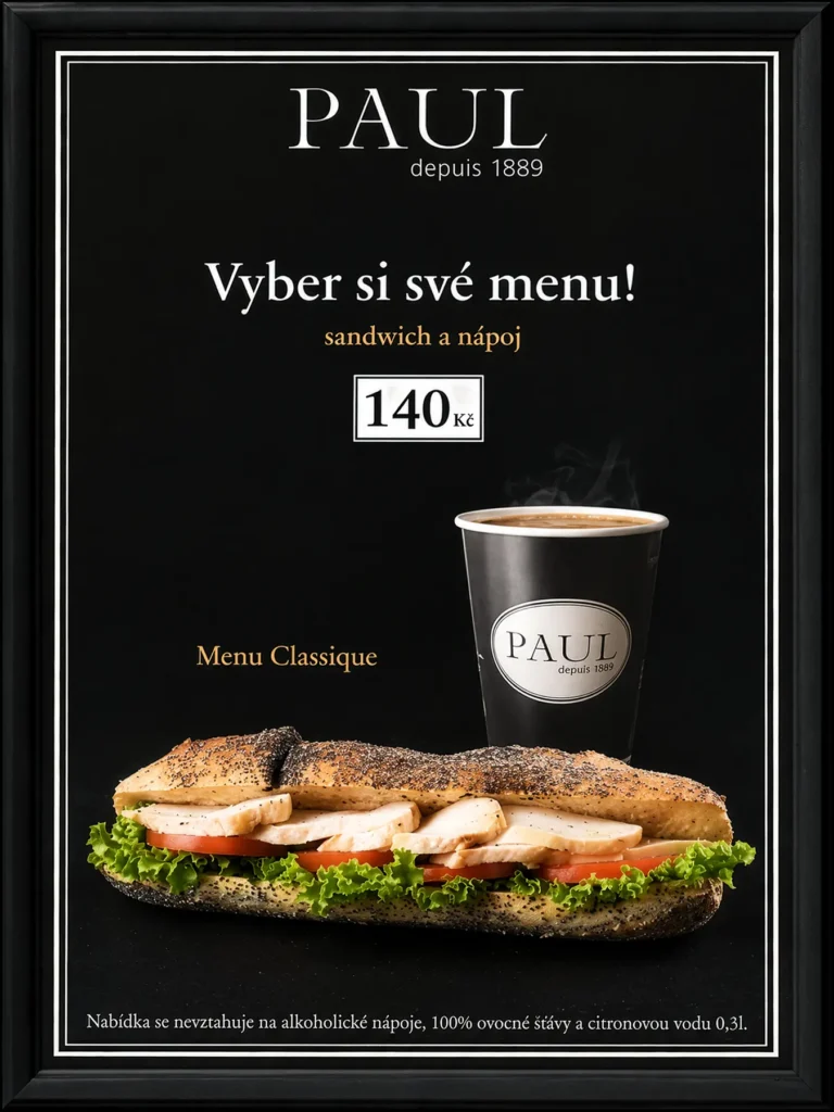 Kuřec&iacute; sendvič a hork&yacute; n&aacute;poj na plak&aacute;tu zv&yacute;hodněn&eacute;ho menu