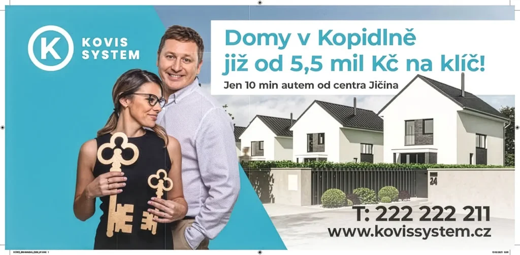N&aacute;vrh billboardu KOVIS SYSTEM s reklamn&iacute; fotografi&iacute; dvojice a vizualizac&iacute; domů v Kopidlně