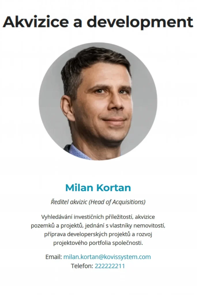 Screenshot webov&eacute; sekce Akvizice a development s business portr&eacute;tem Milana Kortana