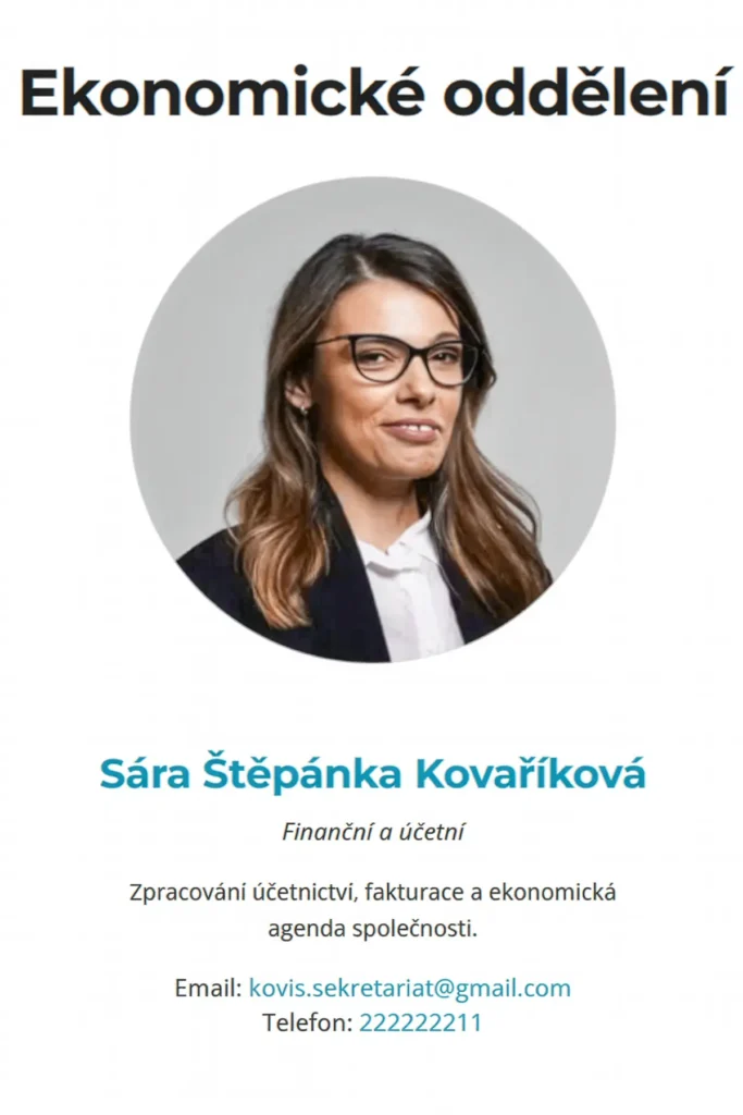 Screenshot webov&eacute; sekce Ekonomick&eacute; oddělen&iacute; s business portr&eacute;tem S&aacute;ry &Scaron;těp&aacute;nky Kovař&iacute;kov&eacute;