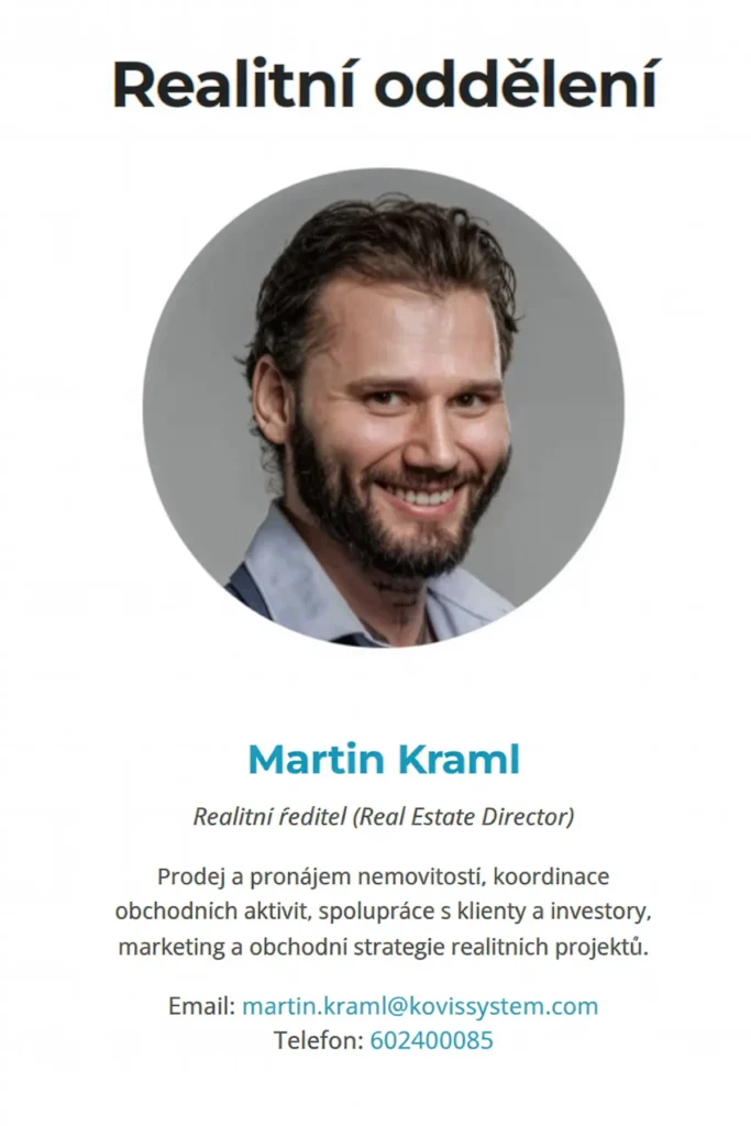 Screenshot webov&eacute; sekce Realitn&iacute; oddělen&iacute; s business portr&eacute;tem Martina Kramla