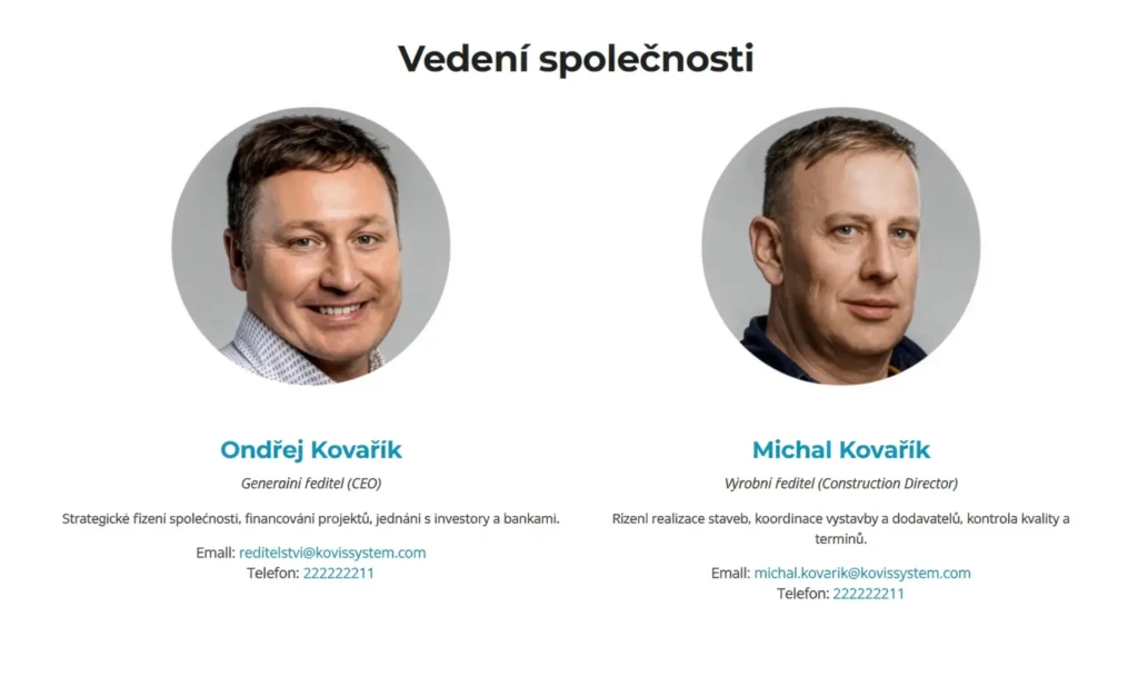 Business portr&eacute;ty Ondřeje a Michala Kovař&iacute;ka v sekci veden&iacute; společnosti KOVIS SYSTEM
