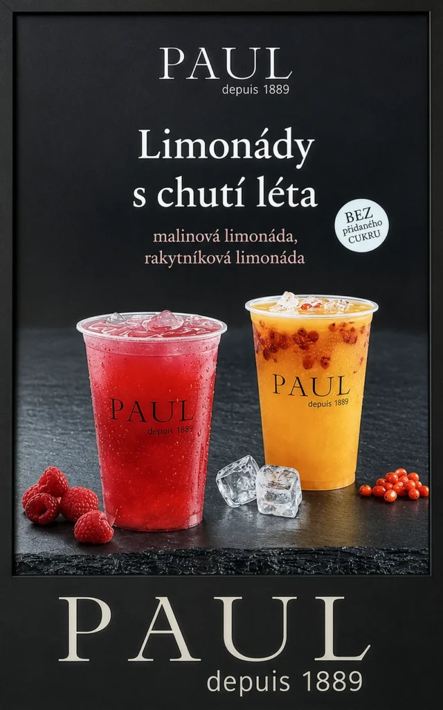 Dva kel&iacute;mky malinov&eacute; a rakytn&iacute;kov&eacute; limon&aacute;dy na reklamn&iacute;m plak&aacute;tu