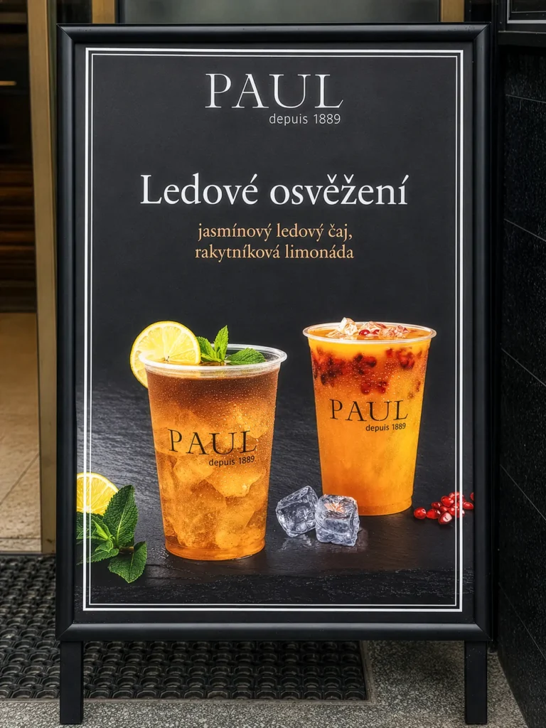 Reklamn&iacute; stojan před provozovnou s ledov&yacute;m čajem a rakytn&iacute;kovou limon&aacute;dou