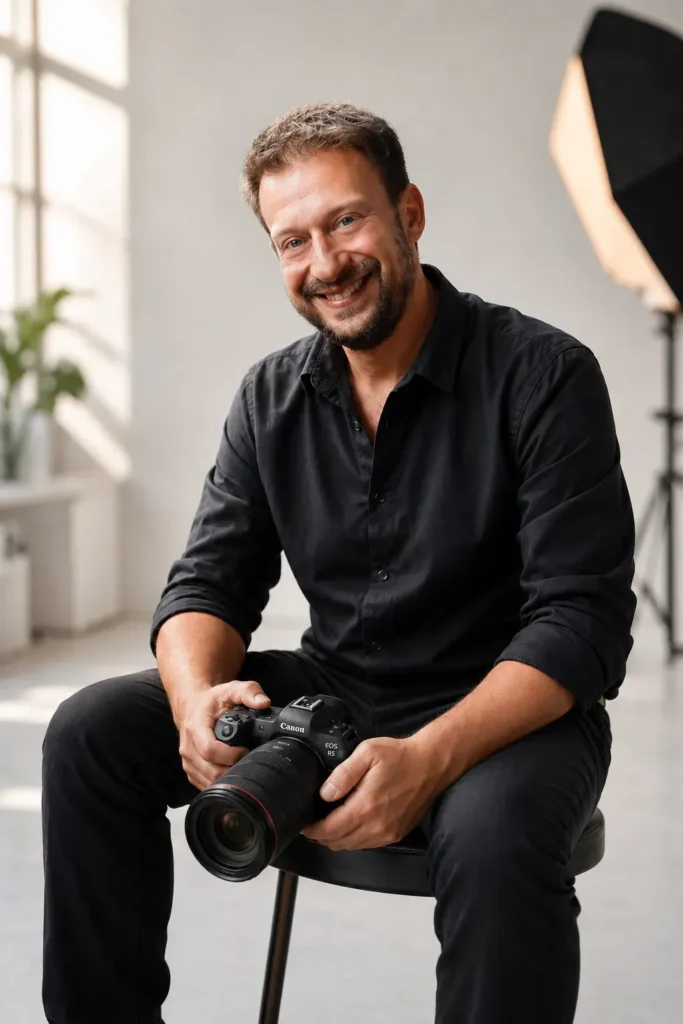 Ondřej Dobiáš s Canon EOS R5 ve fotoateliéru v Praze